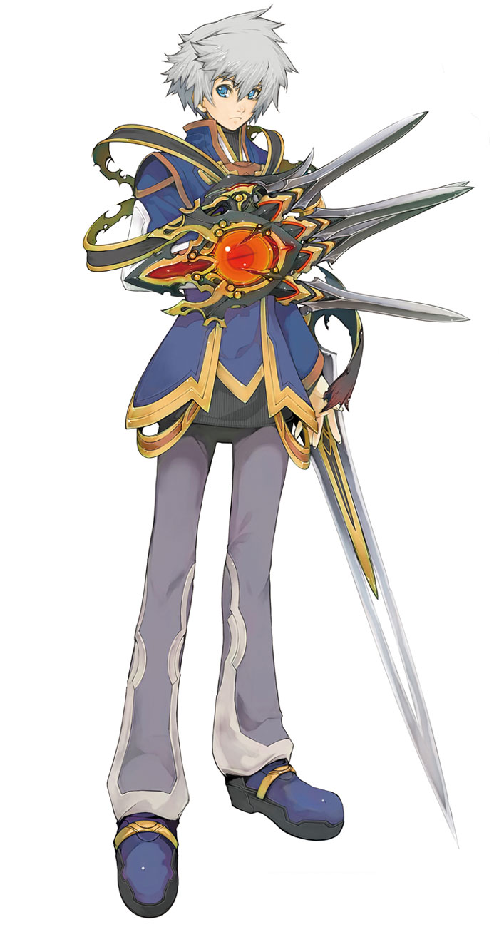 1boy, atelier_(series), blade, blue_eyes, collared_jacket, grey_hair, highres, jacket, leather, leather_belt, looking_at_viewer, male_focus, mana_khemia, mana_khemia_(series), messy_hair, official_art, pants, school_uniform, shield, shoes, short_hair, solo, vayne_aurelius, weapon, yoshizumi_kazuyuki