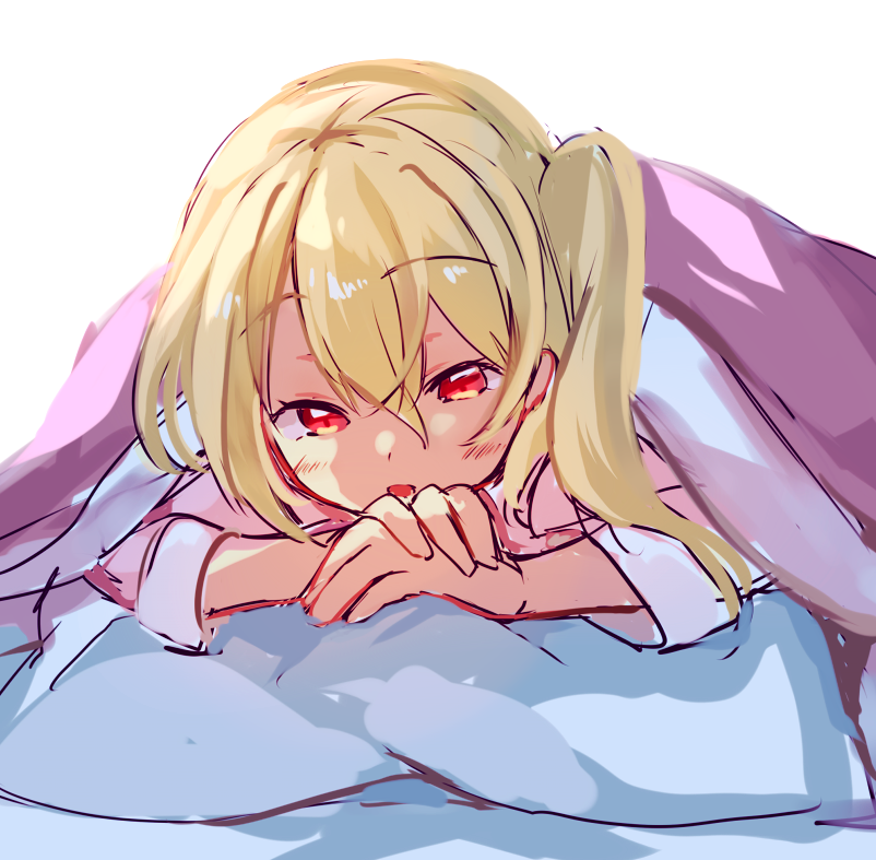 1girl, blonde_hair, blush, eyebrows_visible_through_hair, flandre_scarlet, hair_between_eyes, looking_at_viewer, lying