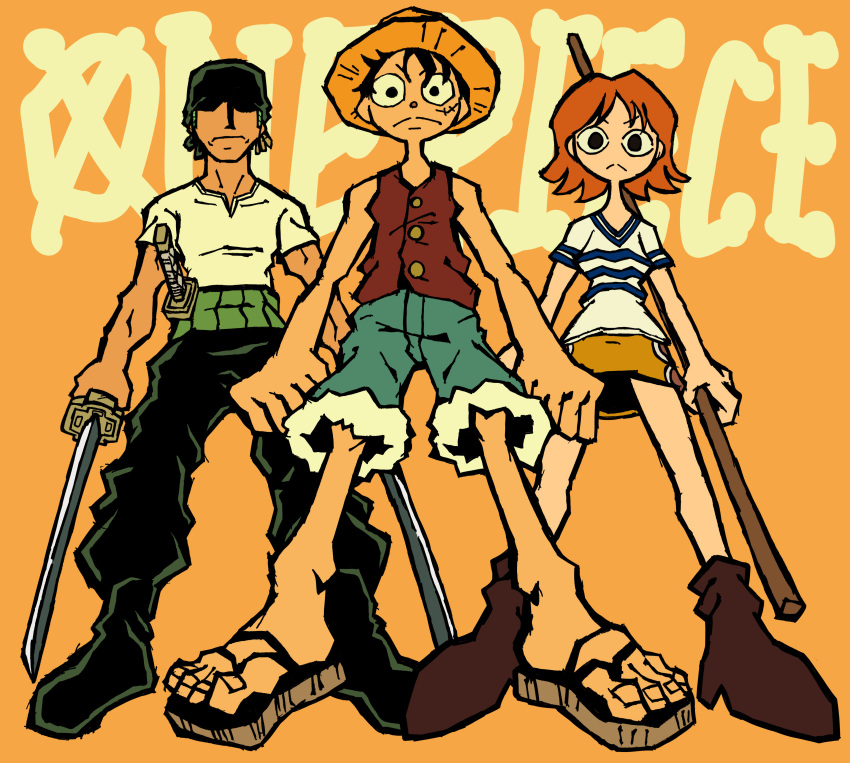 1girl, 2boys, absurdres, bandana, black_bandana, black_eyes, black_hair, blue_shorts