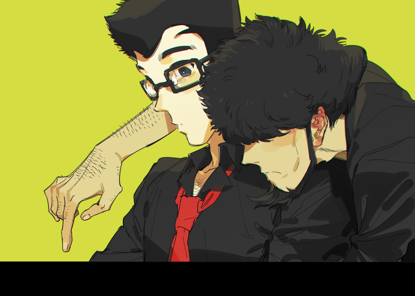 2boys, arm_hair, arsene_lupin_iii, bacchus_lpiii, beard, black_hair, black_shirt, blue_eyes