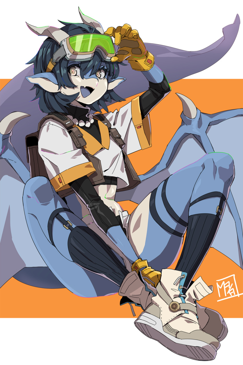 1girl, backpack, bag, blue_skin, boots, colored_skin, crop_top, digitigrade