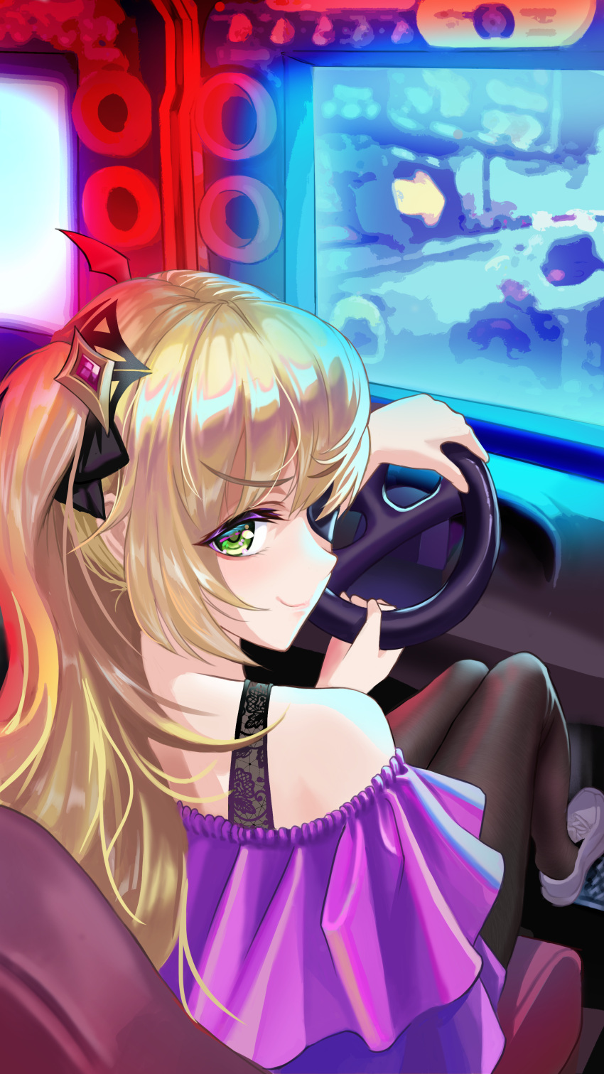 1girl, absurdres, arcade, arcade_cabinet, bare_shoulders, black_bra, black_legwear, blonde_hair, bra, bra_strap, car_seat, casual, driving, eyebrows_visible_through_hair, eyes_visible_through_hair, fischl_(genshin_impact), foot_pedal, genshin_impact, green_eyes, hair_ornament, highres, long_hair, looking_at_viewer, looking_back, pantyhose, purple_shirt, screen, shirt, shoes, sitting, smile, solo, steering_wheel, thighs, twintails, underwear, wheel, z15781