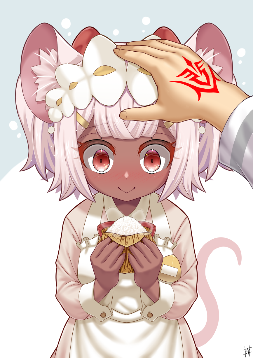 1boy, 1girl, animal_ears, apron, blush, command_spell, commentary_request, daikokuten_(fate), dark-skinned_female, dark_skin, fate/grand_order, fate_(series), food, fujimaru_ritsuka_(male), headpat, highres, holding, holding_food, kuraikurairey, maid, maid_headdress, medium_hair, mouse_ears, mouse_girl, mouse_tail, onigiri, pov, steam, tail, white_hair