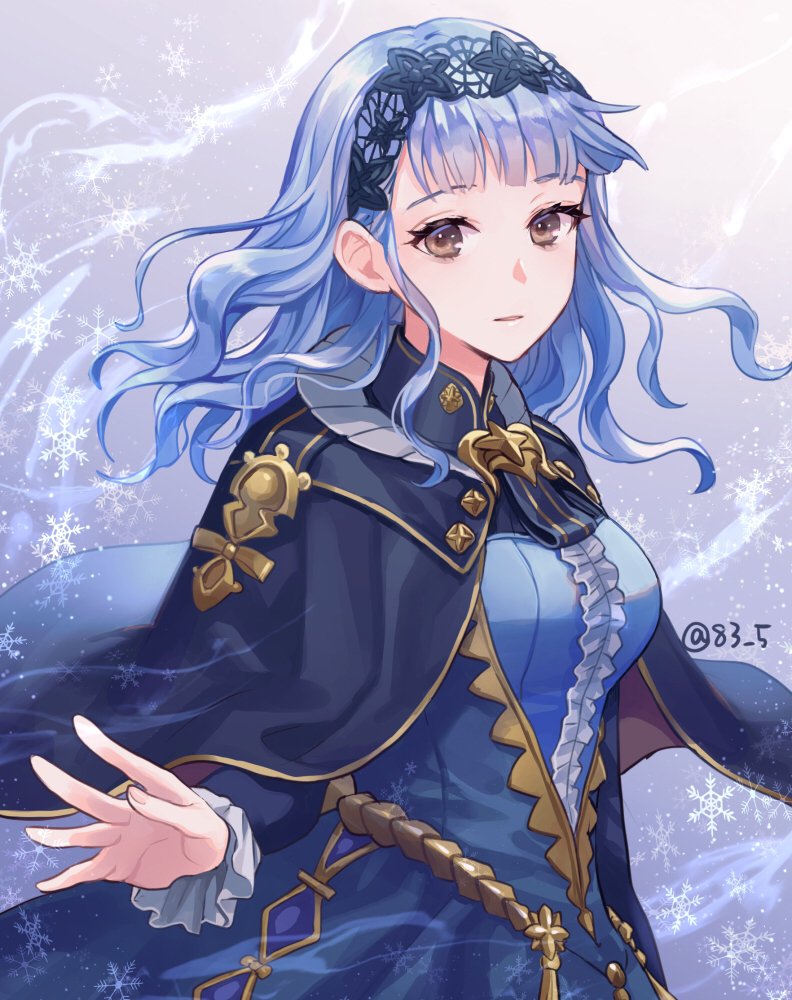 1girl, blue_cape, blue_dress, blue_hair, blue_hairband, breasts, brown_eyes, cape