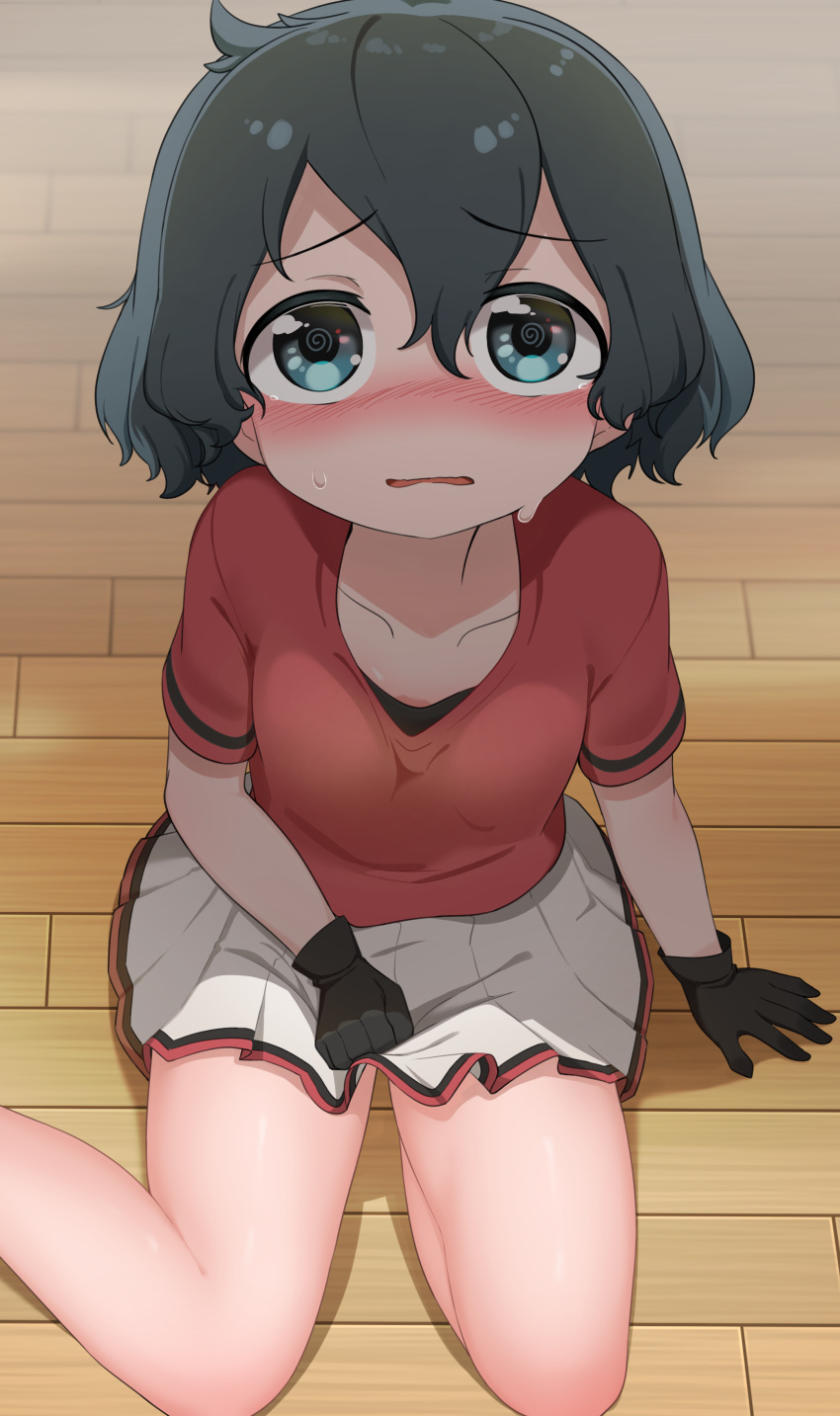 1girl, @_@, absurdres, alternate_bottom_wear, bangs, bare_legs, black_gloves, black_hair