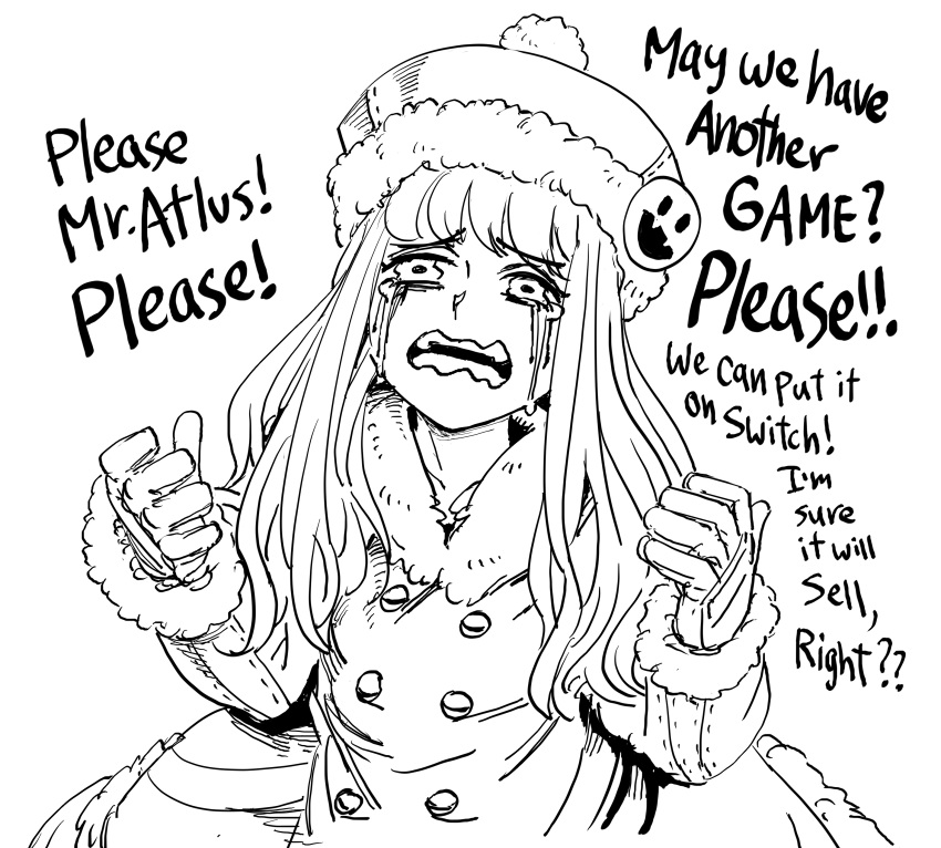 1girl, absurdres, atlus, bb_(baalbuddy), begging, buttons, coat, crying
