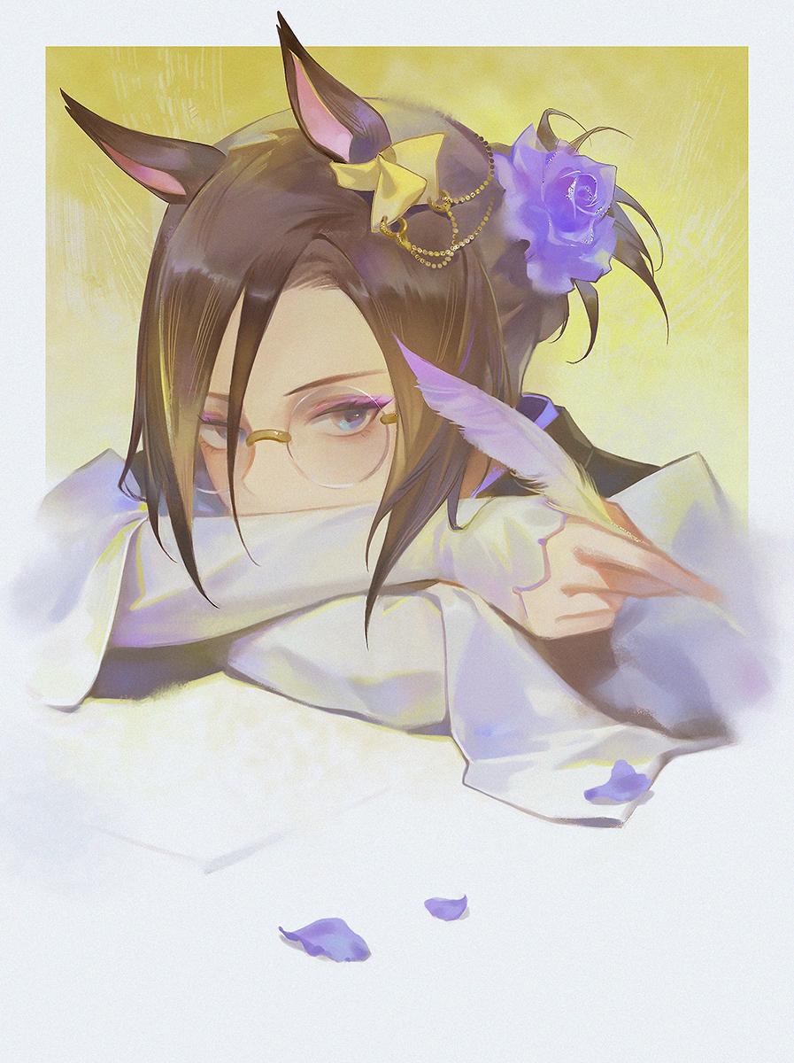 1girl, air_groove_(umamusume), animal_ears, brown_hair, covering_mouth, crossed_arms, eyeshadow, flower, glasses, hair_bun, hair_flower, hair_ornament, highres, holding, holding_quill, horse_ears, looking_at_viewer, makeup, medium_hair, ombre, parted_lips, petals, purple_flower, quill, rimless_eyewear, round_eyewear, sleeves_past_wrists, solo, umamusume
