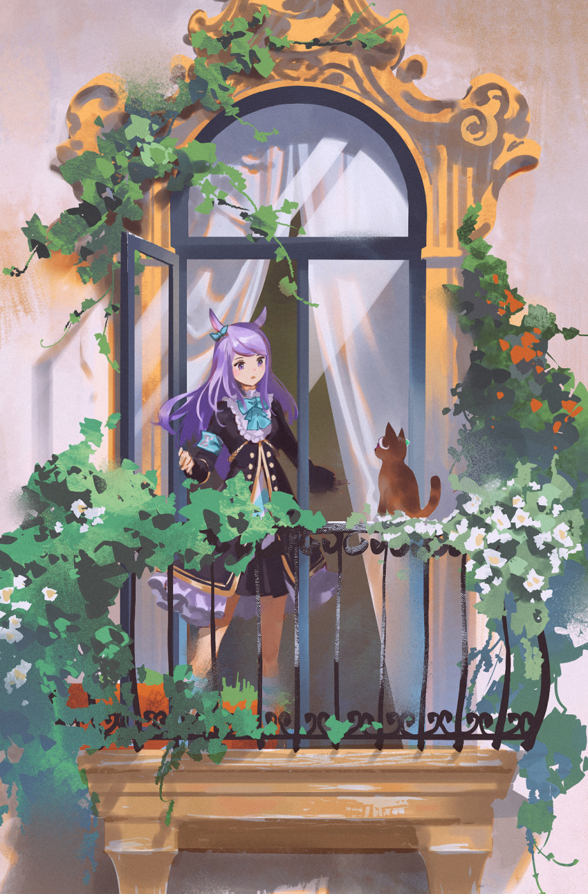 1girl, animal_ears, animalization, armband, balcony, black_coat, black_skirt, cat