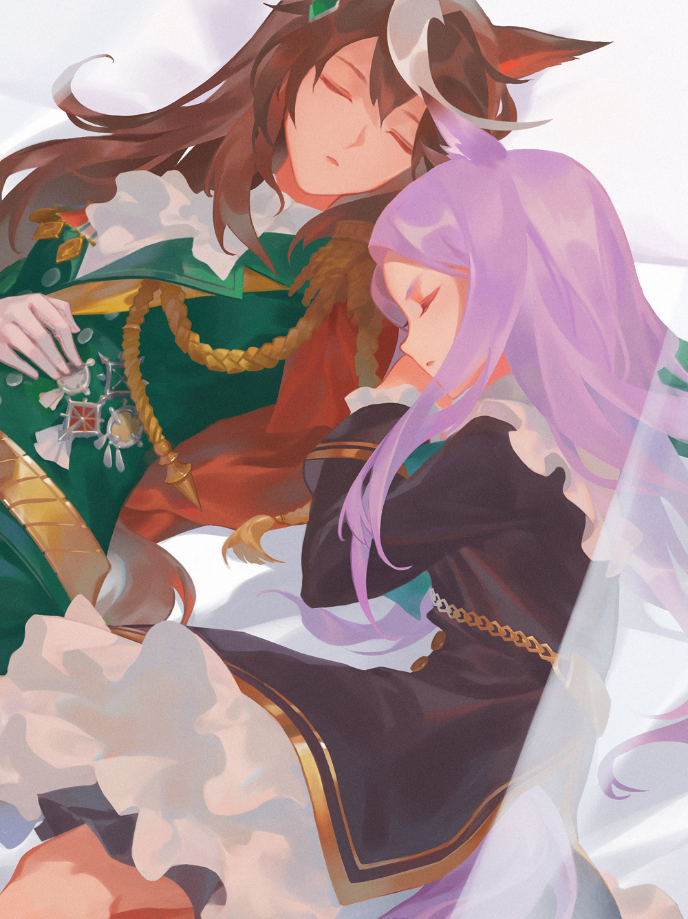 2girls, animal_ears, ascot, bangs, belt, black_coat, brown_hair, capelet