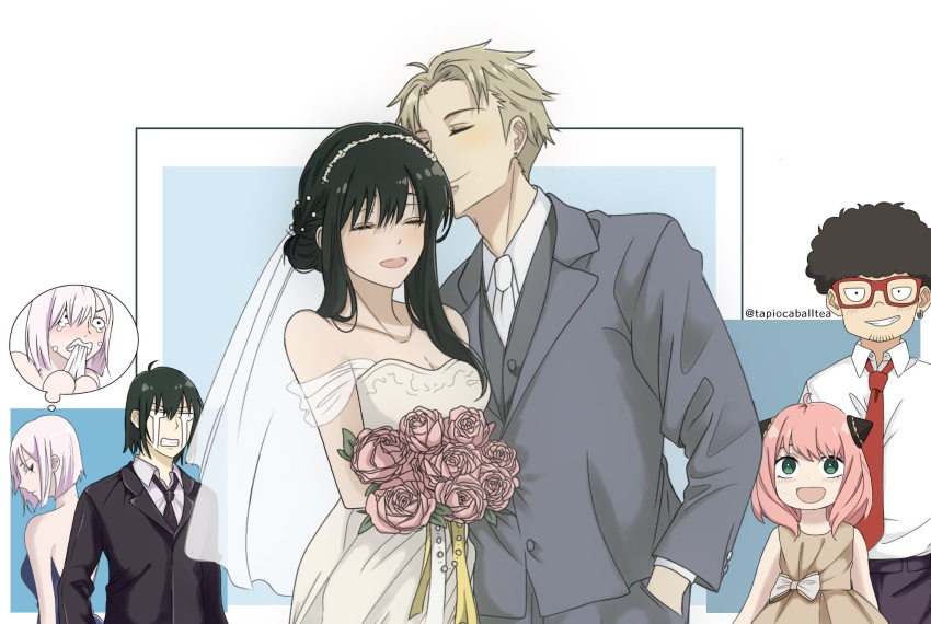 3boys, afro, anya_(spy_x_family), bouquet, bridal_veil, bride, brother_and_sister, crying, dress, earrings, father_and_daughter, fiona_frost, franky_franklin, glasses, groom, happy, hetero, highres, holding, holding_bouquet, husband_and_wife, jewelry, kiss, kissing_cheek, mother_and_daughter, multiple_boys, siblings, smile, spy_x_family, strapless, strapless_dress, tapiocaballtea, thought_bubble, tuxedo, twilight_(spy_x_family), twitter_username, veil, wedding, wedding_dress, white_dress, yor_briar, yuri_briar