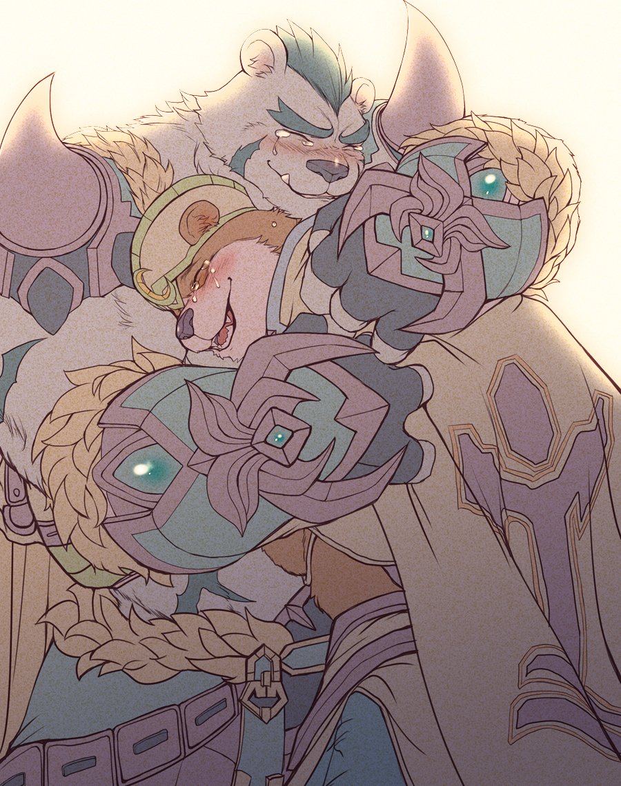 2boys, armor, bear, bernard_(gyee), blue_fur, blush, brown_fur, cape