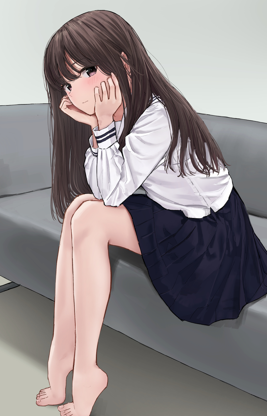 1girl, akipeko, bare_legs, barefoot, black_hair, blue_skirt, blush, brown_eyes