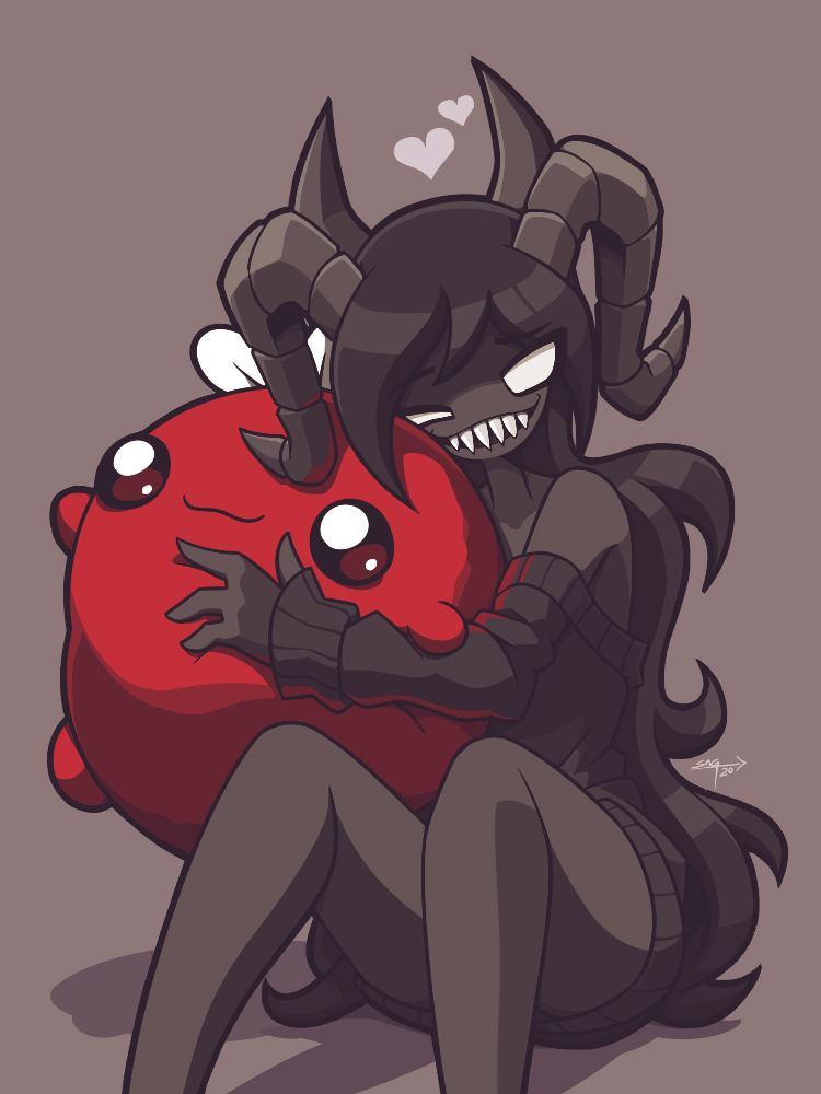 1girl, baby_plum_(the_binding_of_isaac), bare_shoulders, black_hair, black_skin, character_doll, colored_skin, commentary, demon_girl, english_commentary, eyebrows_visible_through_hair, feet_out_of_frame, heart, horns, long_hair, looking_at_viewer, not_your_sagittarius, signature, simple_background, siren_(the_binding_of_isaac), sitting, stuffed_toy, the_binding_of_isaac
