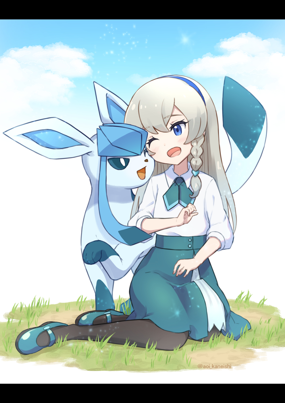 1girl, bangs, black_legwear, blonde_hair, blue_eyes, blue_hairband, blush, braid, clouds, collared_shirt, commentary_request, day, eyelashes, glaceon, grass, green_footwear, green_neckerchief, green_skirt, hairband, highres, ishikane_aoi, long_hair, neckerchief, open_mouth, outdoors, pantyhose, pokemon, pokemon_(anime), pokemon_(creature), pokemon_journeys, regina_(pokemon), shirt, shoes, sitting, skirt, sky, tongue, white_shirt