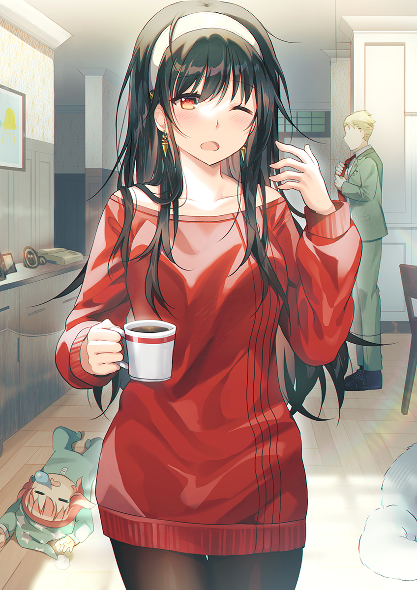 1boy, 2girls, adjusting_clothes, adjusting_necktie, anya_(spy_x_family), bangs, bare_shoulders, black_hair