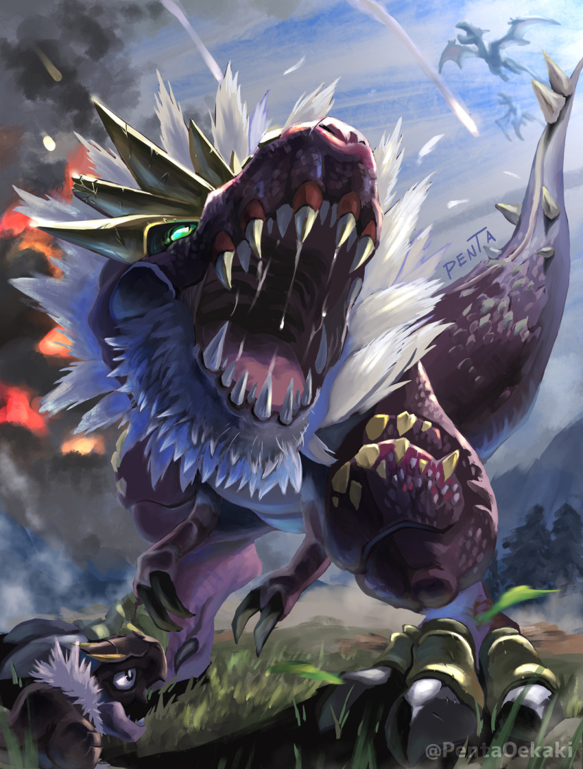 aerodactyl, claws, commentary_request, day, dinosaur, evolutionary_line, green_eyes, highres