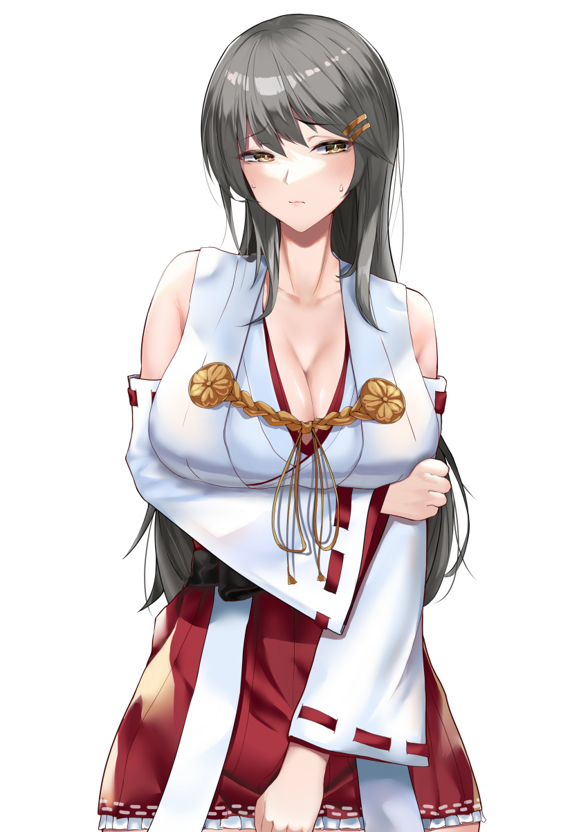 1girl, absurdres, breasts, collarbone, detached_sleeves, frilled_skirt, frills, grey_hair