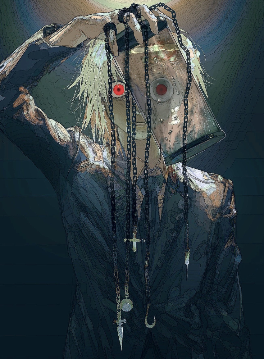 1boy, black_necktie, blonde_hair, chain, collared_shirt, eyeball, formal, hand_up