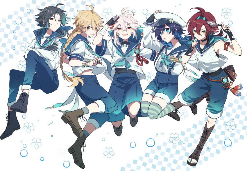 5boys, absurdres, aether_(genshin_impact), ahoge, alternate_costume, bandaged_arm, bandaged_hand, bandages