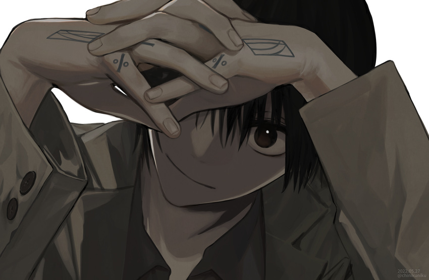 1boy, bangs, black_eyes, black_hair, buttons, chinikuniku, coat, grey_coat