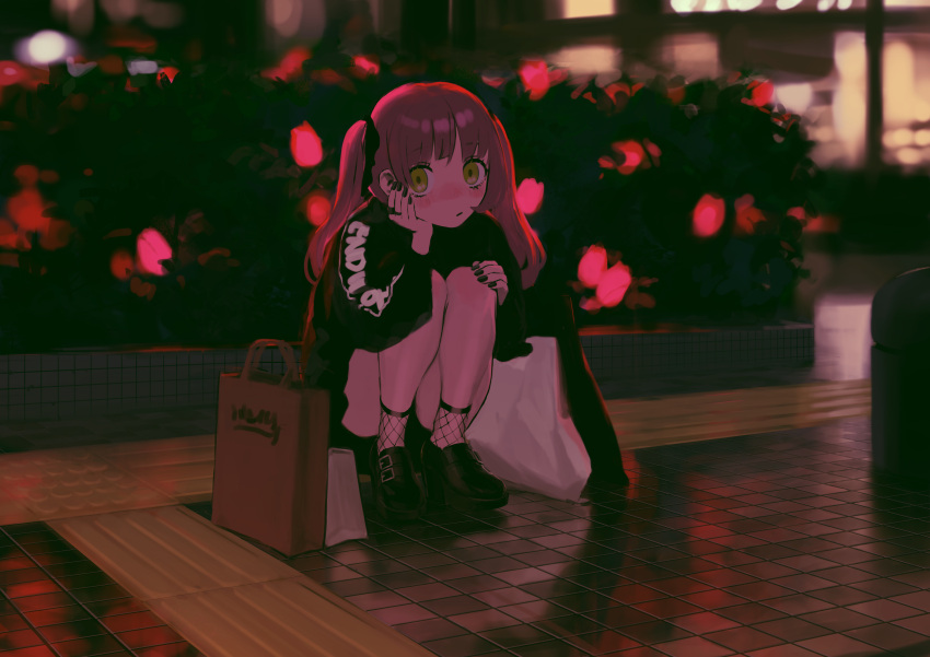1girl, absurdres, bag, bangs, black_footwear, black_nails, black_shirt, black_skirt