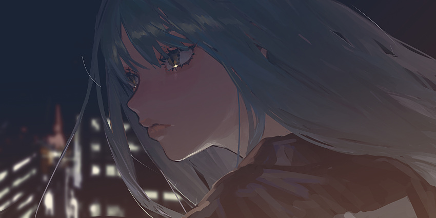 1girl, absurdres, bangs, blue_hair, blurry, blurry_background, building, city_lights, closed_mouth, eyelashes, hair_between_eyes, highres, k1llg, lips, long_hair, night, original, outdoors, portrait, sky, solo, yellow_eyes