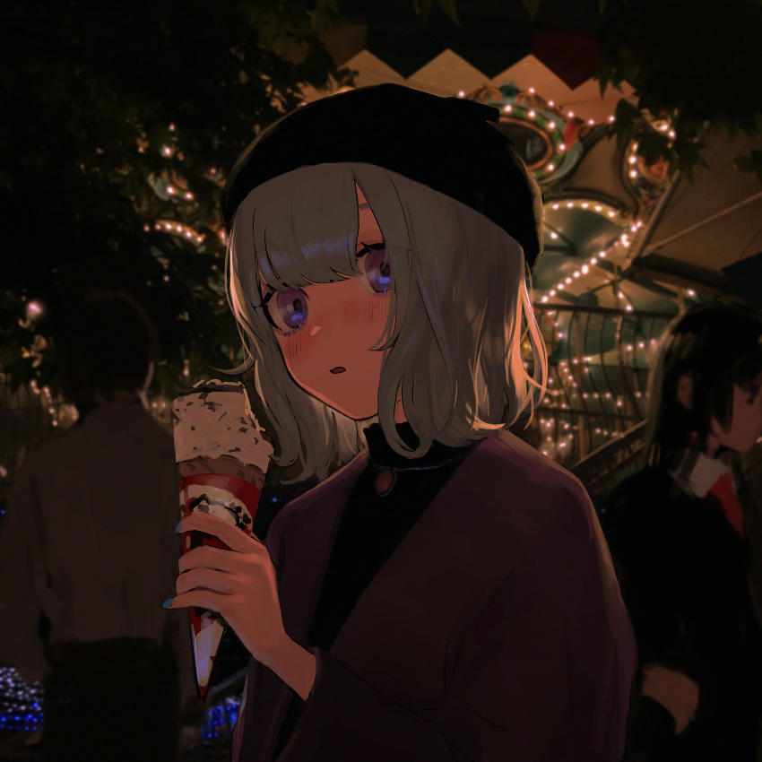 1boy, 2girls, absurdres, amusement_park, bangs, black_hair, black_headwear, blush