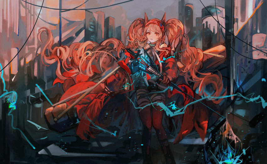 1girl, angelina_(arknights), angelina_(distinguished_visitor)_(arknights), animal_ears, arknights, bangs, bare_shoulders, black_footwear, black_legwear, boots, breasts, brown_hair, building, city, coat, collar, day, electricity, eyebrows_behind_hair, feet_out_of_frame, fox_ears, hairband, highres, holding, holding_staff, infection_monitor_(arknights), knee_boots, long_hair, looking_at_viewer, minini97372, official_alternate_costume, open_clothes, open_coat, outdoors, pantyhose, parted_lips, red_coat, red_eyes, red_hairband, solo, staff, standing, sunlight, very_long_hair