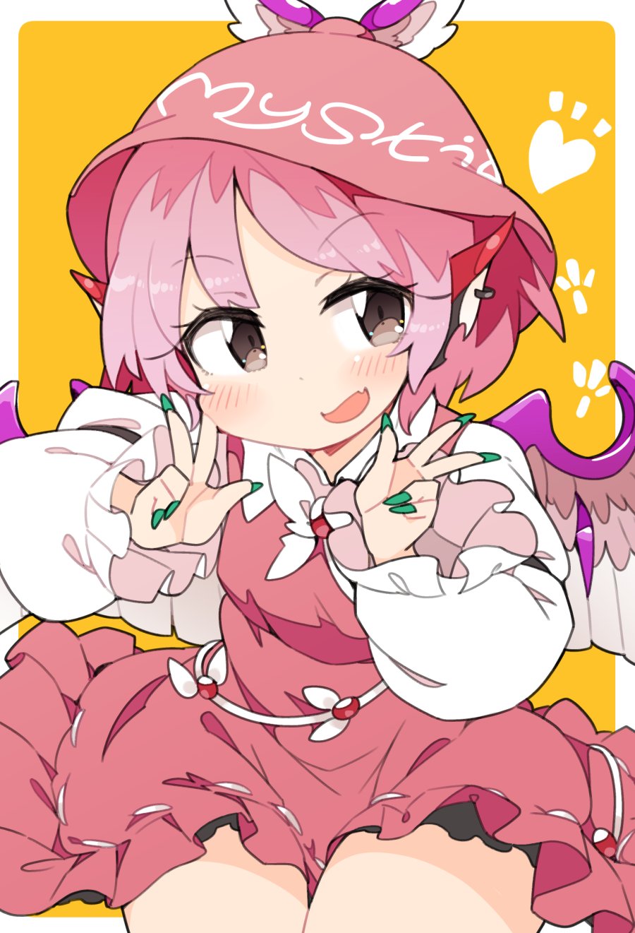 1girl, animal_ears, bird_ears, bird_wings, blush, border, brown_dress, brown_headwear