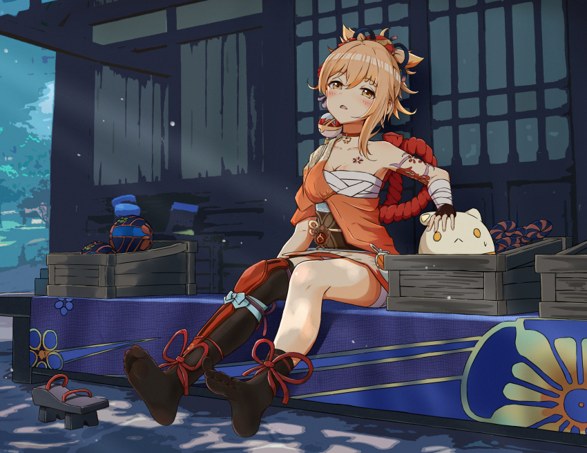 1girl, absurdres, architecture, bandages, bangs, bare_shoulders, black_legwear, blush, breasts, clogs, east_asian_architecture, eyebrows_behind_hair, eyebrows_visible_through_hair, genshin_impact, hair_between_eyes, hair_ribbon, highres, japanese_clothes, jumpy_dumpty, kimono, looking_up, open_mouth, orange_eyes, orange_hair, outdoors, ponytail, qiufengxiaose, ribbon, short_hair, sitting, solo, thigh-highs, toes, yoimiya_(genshin_impact)
