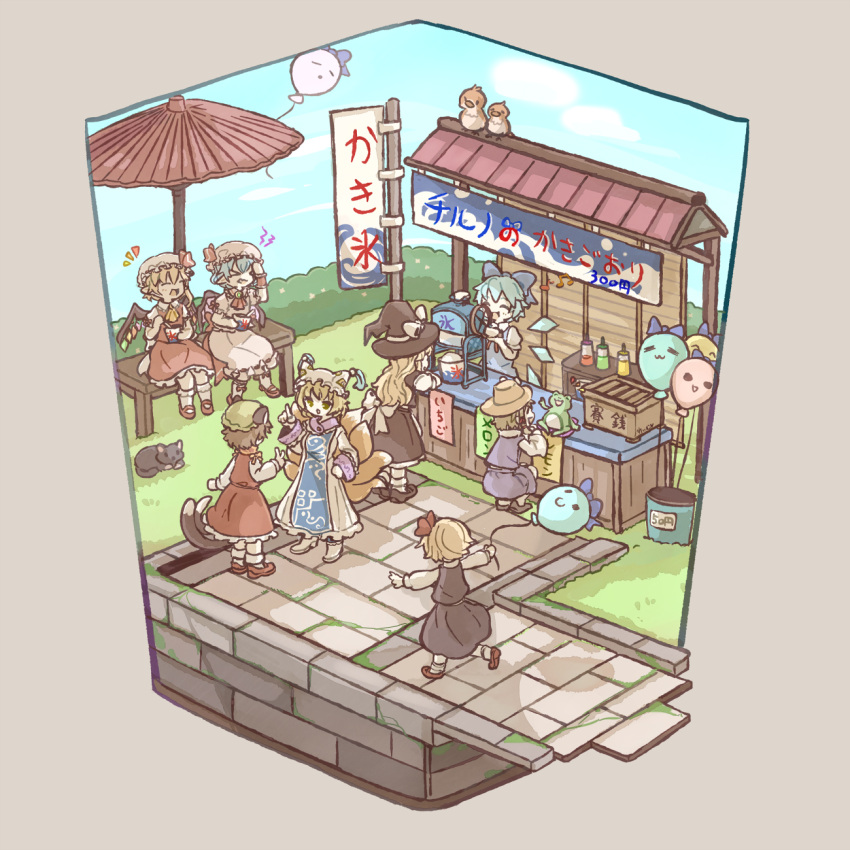 >_<, 6+girls, :d, :o, animal_ears, ascot, balloon, banner