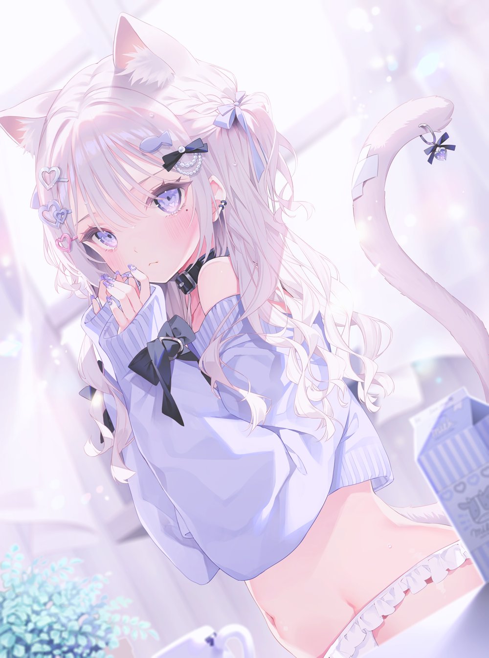 1girl, animal_ear_fluff, animal_ears, arms_up, bandaid, bandaid_on_tail, blue_eyes, blue_sweater