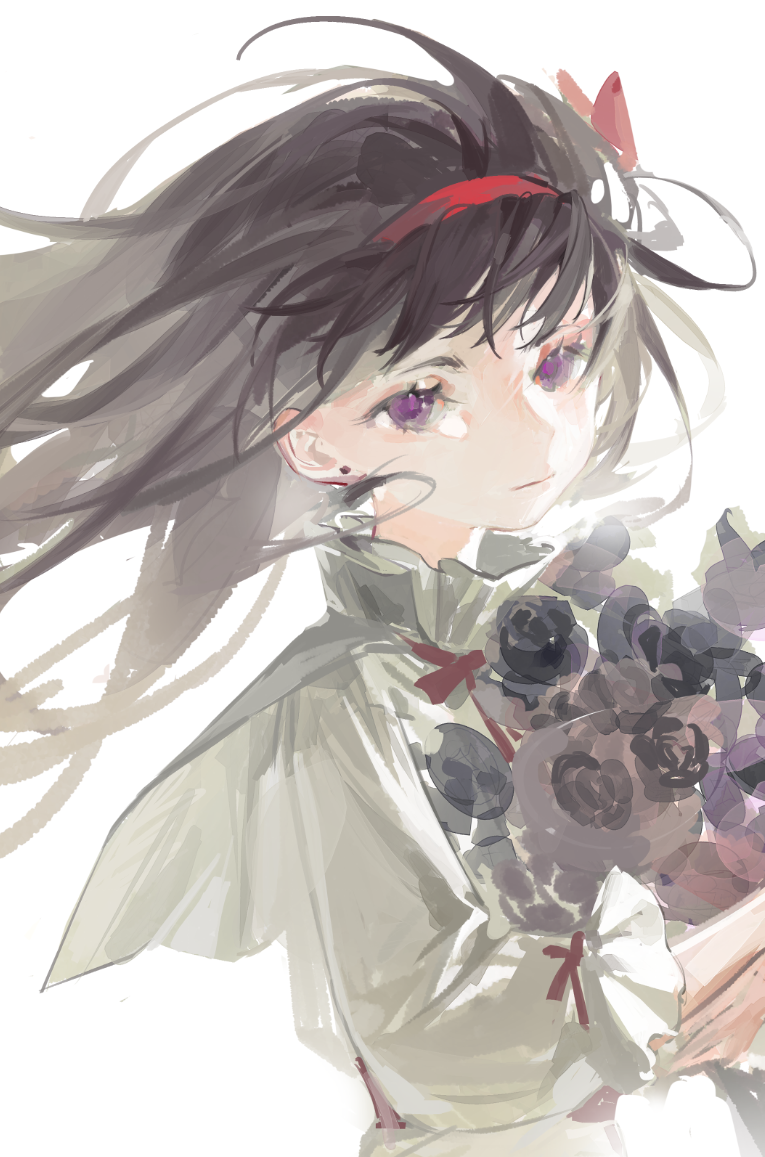 1girl, akemi_homura, baifeidaiwang, bangs, black_hair, bouquet, chinese_commentary, commentary_request