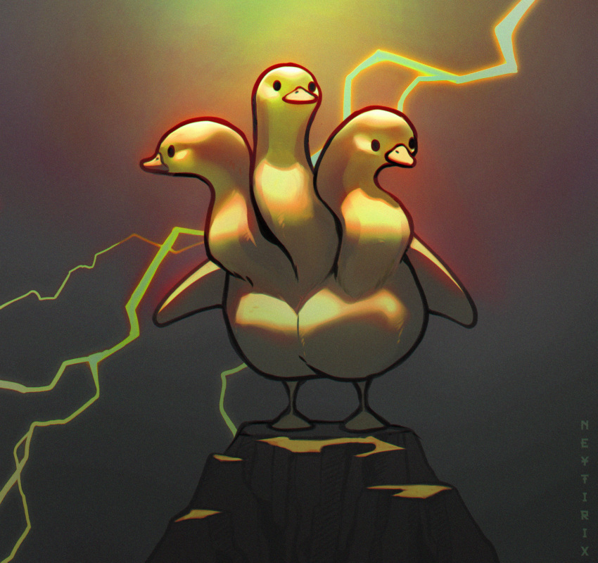 animal, animal_focus, artist_name, bird, black_eyes, duck, godzilla_(series), gradient