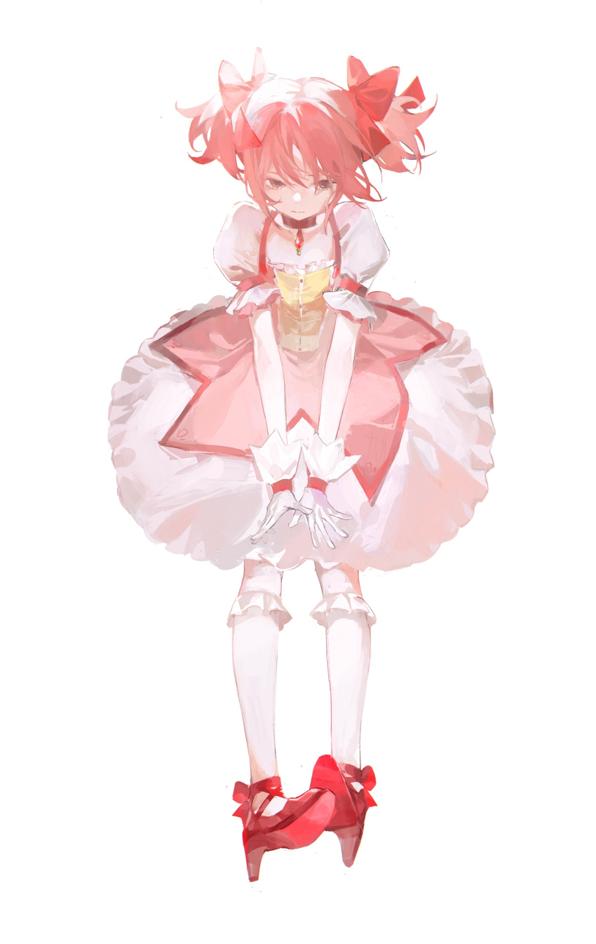 1girl, absurdres, baifeidaiwang, bangs, bow, buttons, choker, commentary, dress, footwear_bow, frilled_dress, frilled_legwear, frills, full_body, gloves, hair_bow, high_heels, highres, kaname_madoka, kneehighs, magical_girl, mahou_shoujo_madoka_magica, pink_dress, pink_eyes, pink_hair, puffy_short_sleeves, puffy_sleeves, red_choker, red_footwear, shoes, short_hair, short_sleeves, short_twintails, simple_background, solo, soul_gem, standing, symbol-only_commentary, twintails, white_background, white_gloves, white_legwear