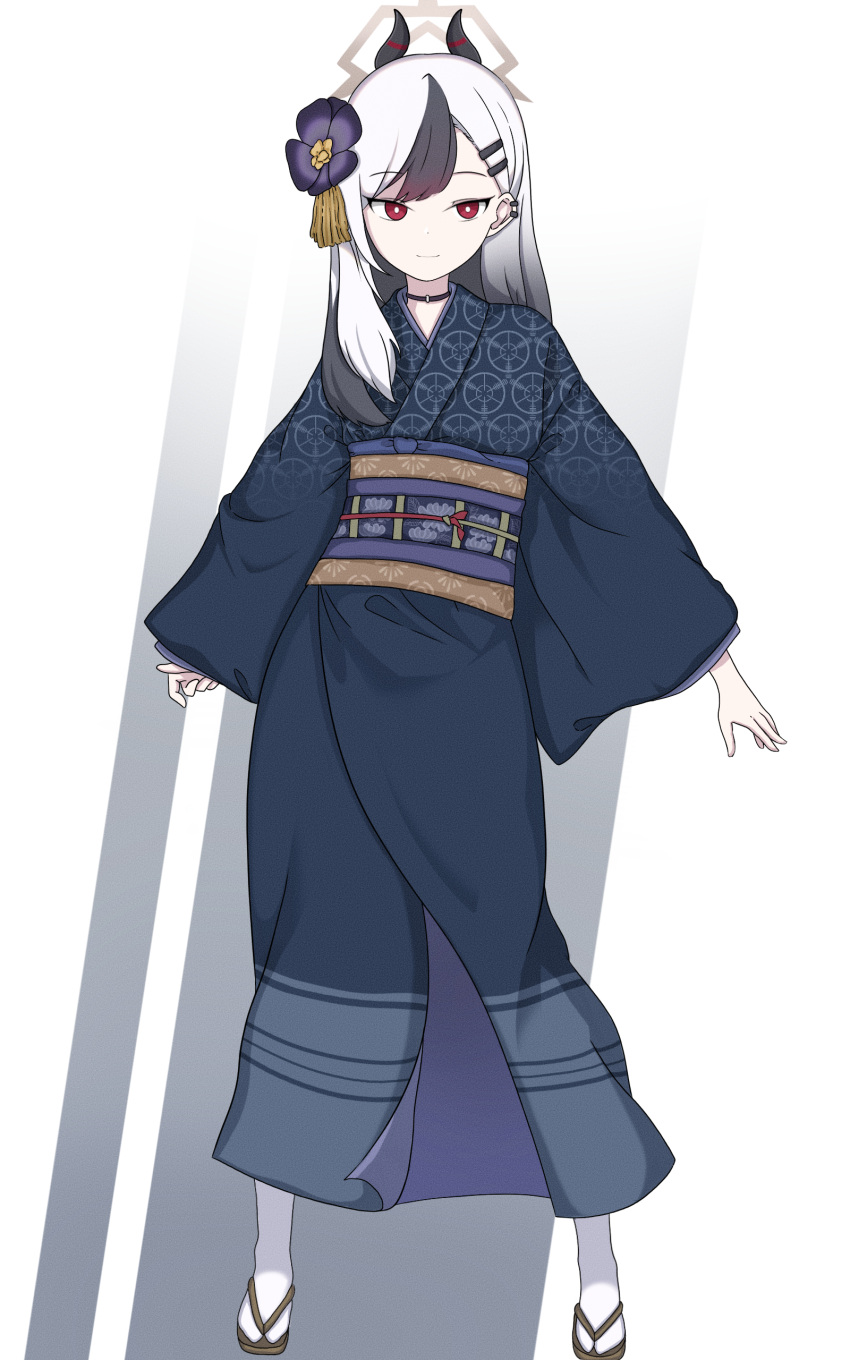 1girl, absurdres, bangs, blue_archive, choker, commentary_request, demon_girl, demon_horns, eyebrows_visible_through_hair, full_body, gradient_hair, hair_between_eyes, hair_ornament, hairclip, highres, horns, hrna, japanese_clothes, kayoko_(blue_archive), kayoko_(new_year)_(blue_archive), kimono, long_hair, long_sleeves, looking_at_viewer, multicolored_hair, obi, official_alternate_costume, red_eyes, sash, sidelocks, simple_background, solo, standing, streaked_hair, two-tone_hair, white_background, white_hair, wide_sleeves