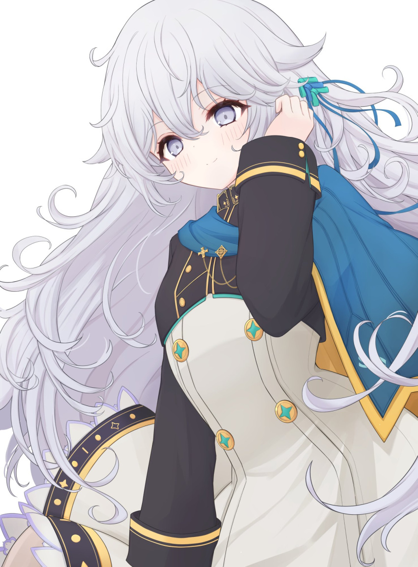 1girl, adjusting_hair, arius_esquede, blush, buttons, closed_mouth, counter:side, eyebrows_visible_through_hair