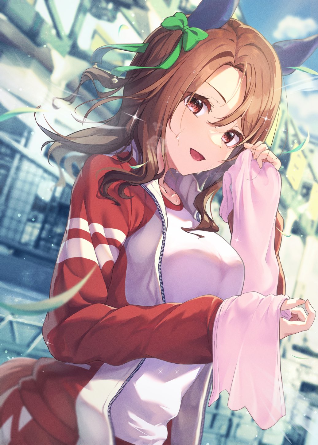 1girl, animal_ears, bangs, bow, brosa, brown_hair, collarbone, ear_covers