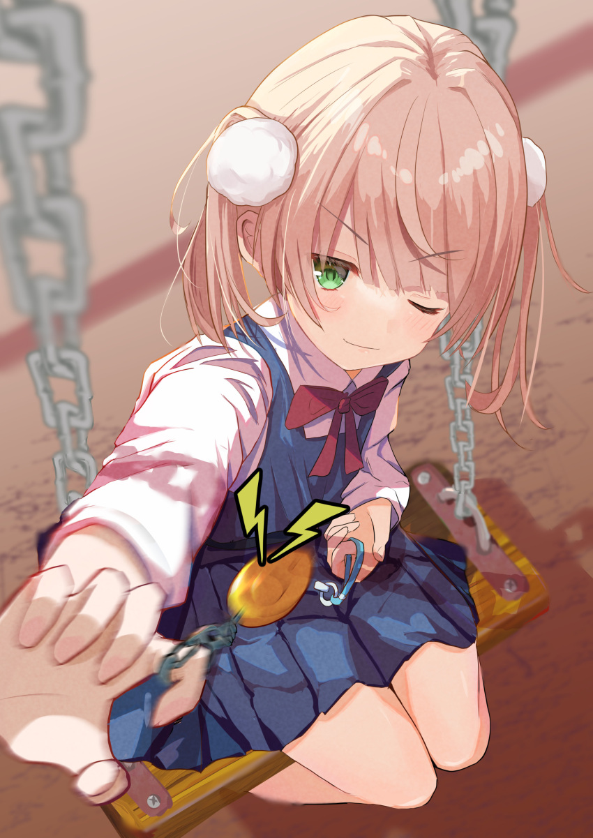 1girl, absurdres, blue_dress, bow, bowtie, collared_shirt, crime_prevention_buzzer, dress