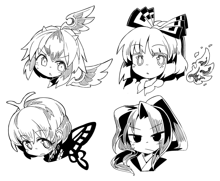 4girls, antennae, bird_wings, blush, bow, butterfly_wings, eternity_larva, eyebrows_visible_through_hair, fairy, feathered_wings, fujiwara_no_mokou, greyscale, hair_between_eyes, hair_bow, horns, ini_(inunabe00), long_hair, meira_(touhou), monochrome, multiple_girls, open_mouth, short_hair, simple_background, tokiko_(touhou), touhou, touhou_(pc-98), white_background, wings