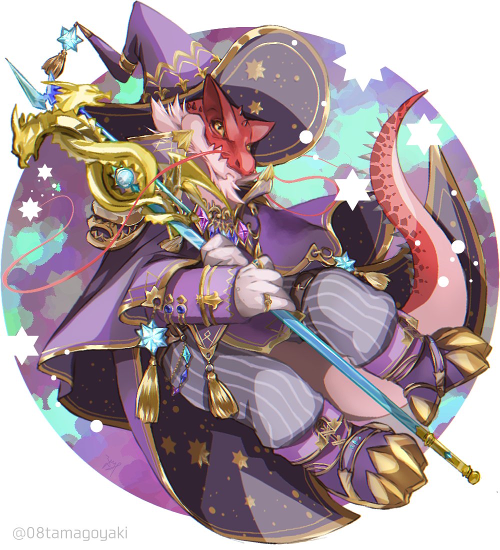 08tamagoyaki, 1boy, beard, cape, circle, coat, colored_sclera, dragon_boy, facial_hair, full_body, furry, furry_male, hat, hat_ornament, holding, holding_staff, horns, itzamna_(housamo), male_focus, muscular, muscular_male, pants, purple_cape, shoes, slit_pupils, solo, staff, star_(symbol), star_hat_ornament, striped, striped_pants, tail, tokyo_afterschool_summoners, twitter_username, whiskers, white_background, witch_hat, wizard, yellow_sclera