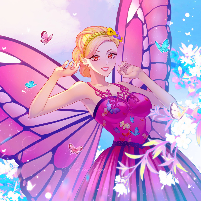 1girl, animal_print, barbie_(franchise), barbie_fairytopia_(film_series), barbie_mariposa_(film_series), barbie_movies, bare_shoulders, blonde_hair, braid, breasts, brown_eyes, bug, butterfly, butterfly_girl, butterfly_print, butterfly_wings, dress, fairy, fairy_wings, flower, hair_bun, hair_flower, hair_ornament, halterneck, highres, mariposa, medium_breasts, okitafuji, pansy, pink_dress, pink_lips, sleeveless, sleeveless_dress, smile, solo, wings