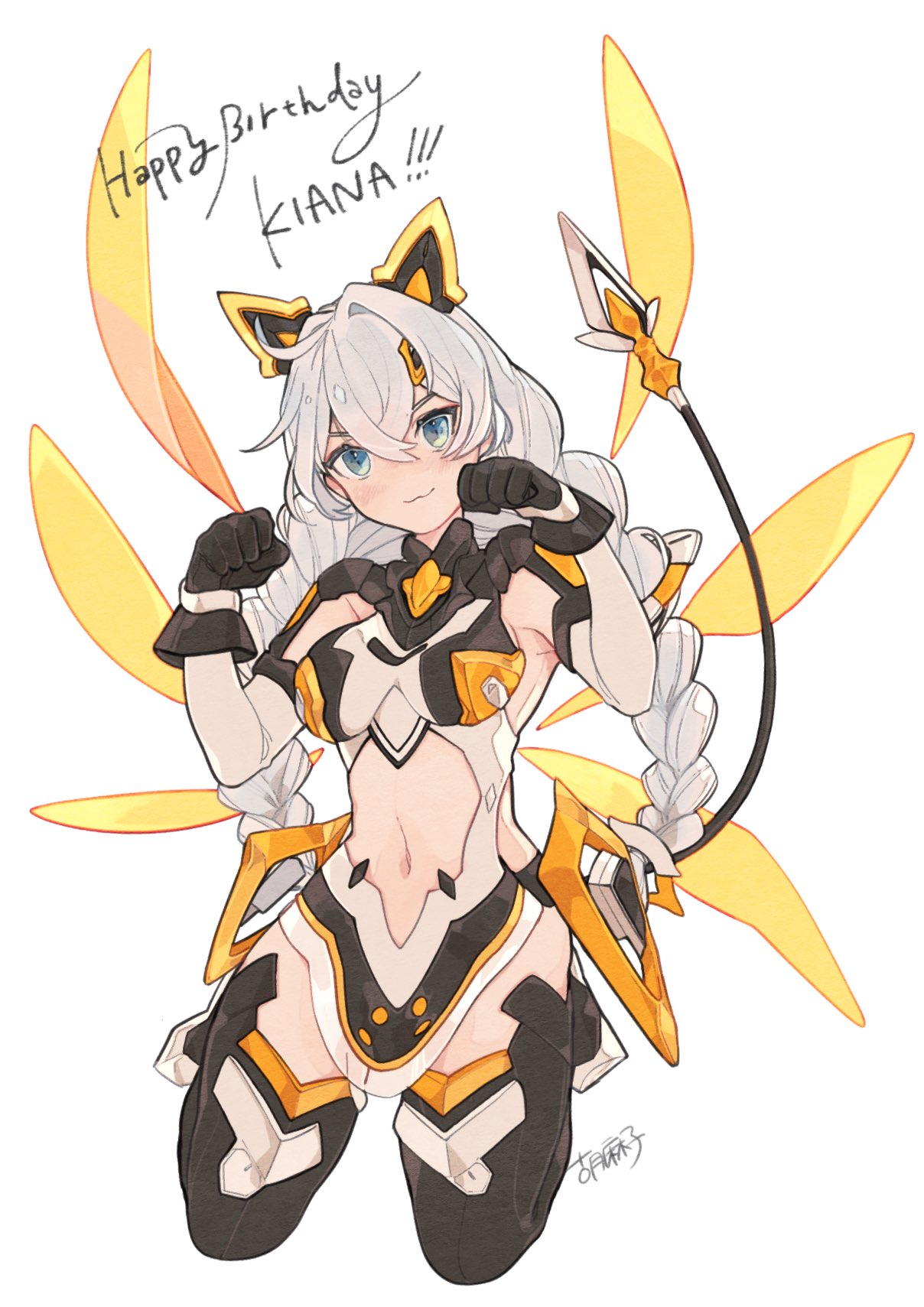 1girl, :3, animal_ears, armored_leotard, bangs, bare_shoulders, black_gloves, blue_eyes, braid, cat, cat_ears, character_name, closed_mouth, fake_animal_ears, fake_tail, gloves, happy_birthday, highres, honkai_(series), honkai_impact_3rd, kiana_kaslana, kiana_kaslana_(knight_moonbeam), long_hair, looking_at_viewer, mogomaco, navel, paw_pose, signature, simple_background, smile, solo, tail, twin_braids, white_background, white_hair, wings
