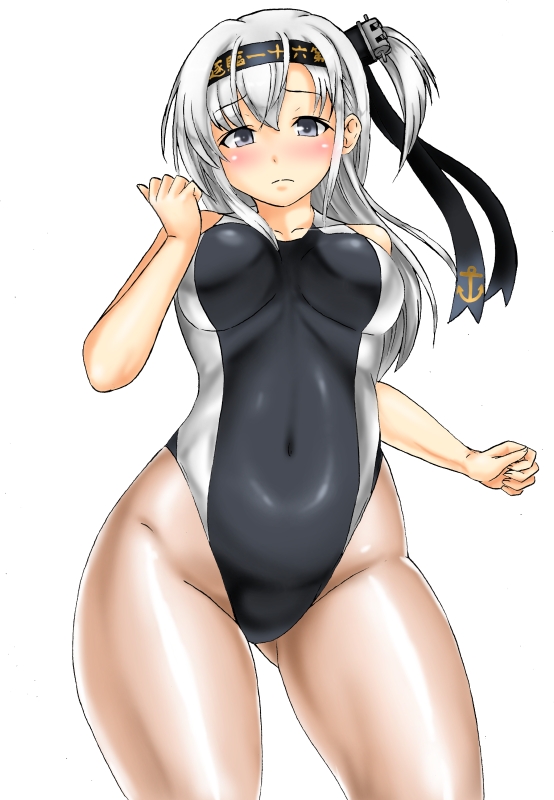 1girl, ass_visible_through_thighs, bare_legs, black_headband, black_swimsuit, blush, breasts, brown_legwear, collarbone, covered_navel, cowboy_shot, embarrassed, eyebrows_visible_through_hair, hachimaki, hair_between_eyes, headband, kantai_collection, kudou_(ooabareteng), long_hair, medium_breasts, one_side_up, pantyhose, pantyhose_under_swimsuit, simple_background, solo, suzutsuki_(kancolle), swimsuit, two-tone_swimsuit, white_background, white_swimsuit
