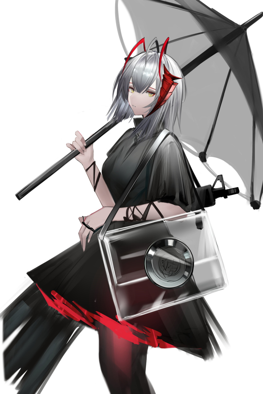 1girl, absurdres, ahoge, antenna_hair, antennae, arknights, arm_ribbon, bag, bangs, black_dress, breasts, brush_stroke, collared_dress, dress, eugle_na, expressionless, from_side, grey_hair, grey_umbrella, hair_between_eyes, hand_up, handbag, head_tilt, highres, holding, holding_umbrella, horns, looking_at_viewer, medium_hair, pantyhose, parted_lips, red_legwear, red_skirt, ribbon, rifle_on_back, ringlets, shiny, shiny_hair, shiny_horns, short_sleeves, sideways_glance, simple_background, skirt, solo, standing, strap, transparent, transparent_bag, transparent_umbrella, umbrella, w_(arknights), white_background, yellow_eyes