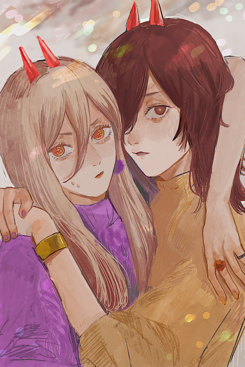 +_+, 2girls, bangs, bracelet, brown_hair, brown_sweater, chainsaw_man, earrings