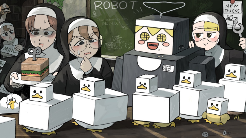 5girls, :<, :t, bird, blonde_hair, blue_eyes, box, brown_eyes, brown_hair, burger, cardboard_box, catholic, chalkboard, chicken, clothes_hanger, clumsy_nun_(diva), commentary, diva_(hyxpk), drooling, duck, duckling, english_commentary, eyebrows_visible_through_hair, food, froggy_nun_(diva), glasses, glasses_nun_(diva), habit, hanging_plant, highres, holding, holding_paper, holding_plate, holding_wrench, hungry_nun_(diva), little_nuns_(diva), multiple_girls, note, nun, nut_(hardware), ostrich, paper, plate, poster_(object), red_eyes, redhead, robot_costume, round_eyewear, safety_glasses, screw, spicy_nun_(diva), surprised, sweat, sweating_profusely, triangle_mouth, turn_pale, winding_key, wrench, yellow_eyes