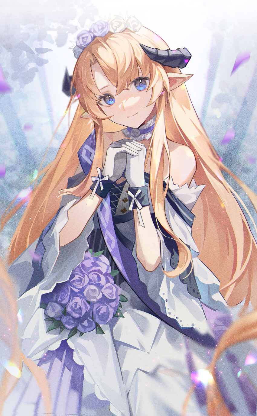 1girl, absurdres, arknights, bangs, bare_shoulders, blonde_hair, blue_eyes, commentary_request