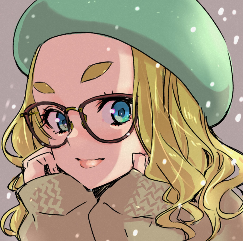 1girl, beret, blonde_hair, blue_eyes, dekomegane, forehead, glasses, green_headwear, hat, head_rest, highres, long_hair, looking_at_viewer, original, sasetsu, short_eyebrows, sketch, sleeves_past_wrists, smile, snowing, solo, sweater, thick_eyebrows, upper_body