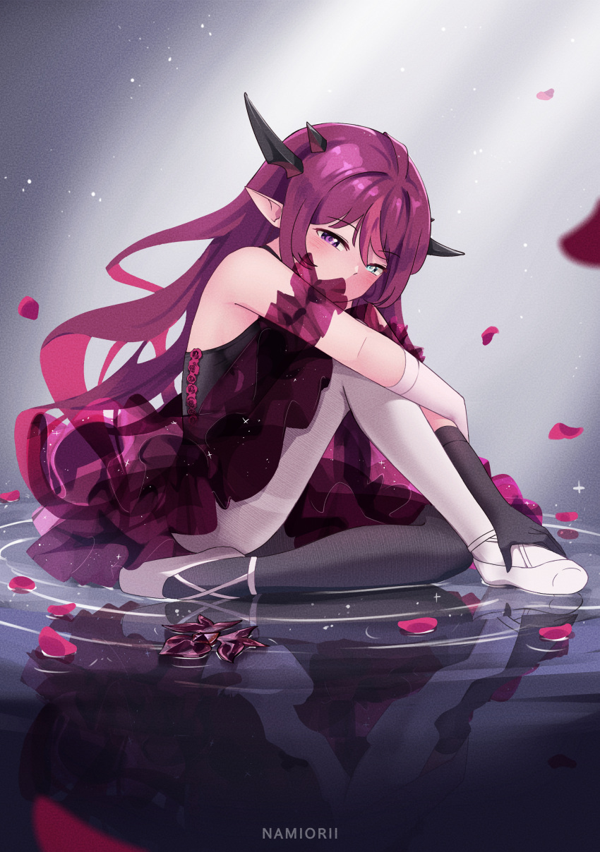 1girl, absurdres, asymmetrical_legwear, ballerina, ballet_slippers, bangs, bare_shoulders, blue_eyes, dress, gloves, heterochromia, highres, hololive, hololive_english, horns, irys_(hololive), long_hair, mismatched_legwear, multiple_horns, namiorii, pantyhose, pointy_ears, purple_hair, solo, thigh-highs, tutu, very_long_hair, violet_eyes, virtual_youtuber